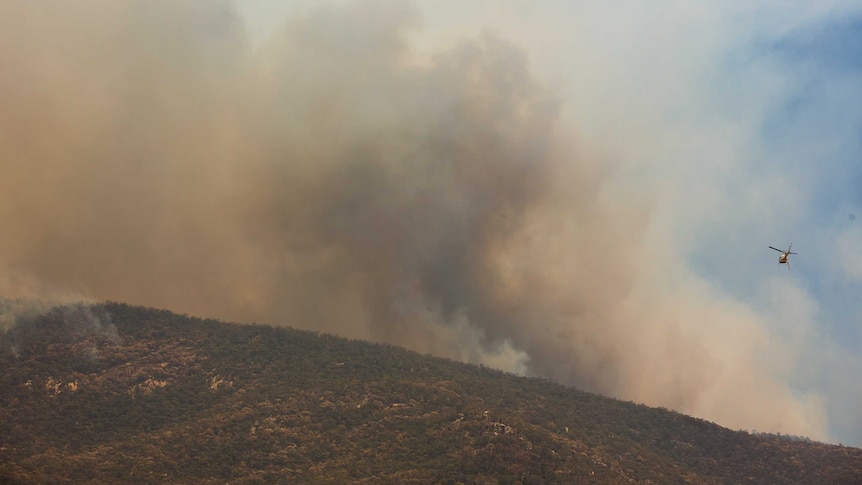 A helicopter flies into a smoke cloud above Mount Tennent.