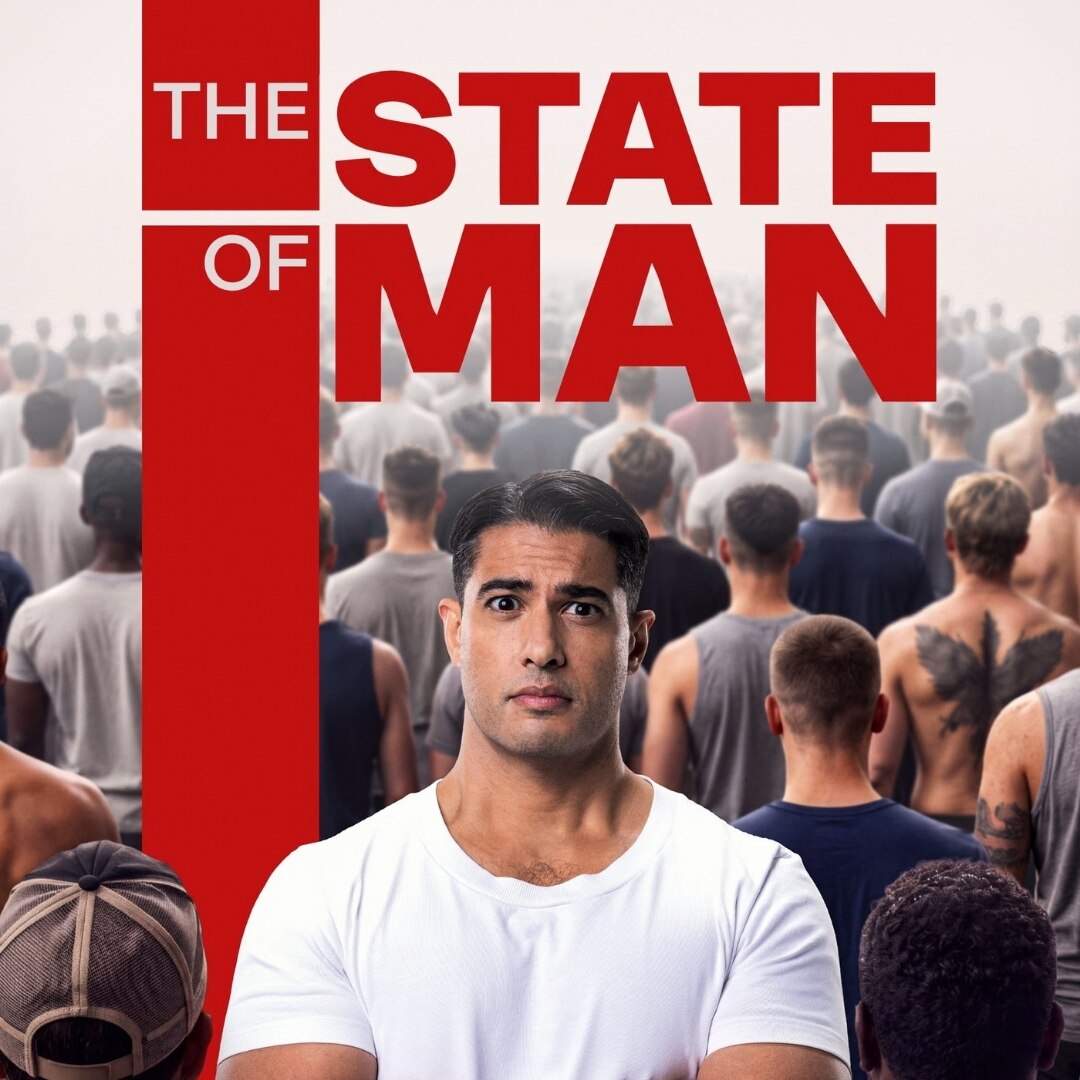 Journalist Marc Fennell stands, arms folded, in a crowd of men all facing the opposite direction. Text reads The State of Man