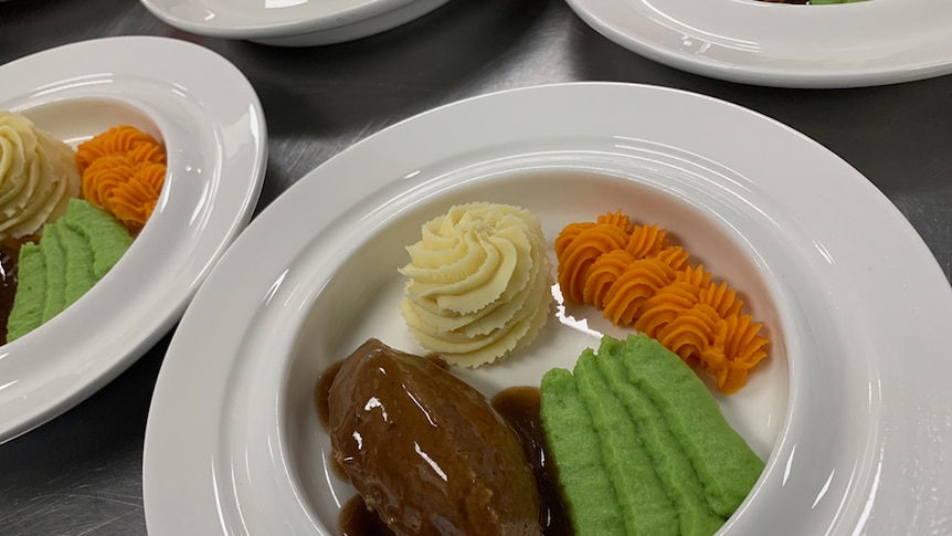 Plates of pureed food in a nursing home