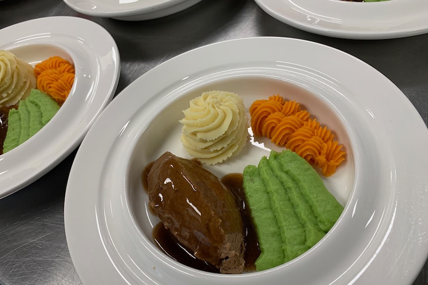 Plates of pureed food in a nursing home