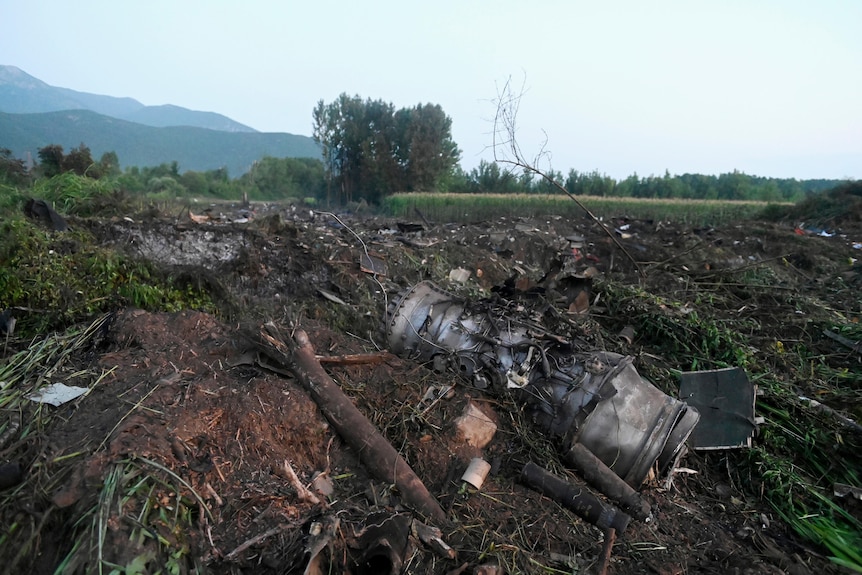 Debris from plane crash sits on a disturbed green field.