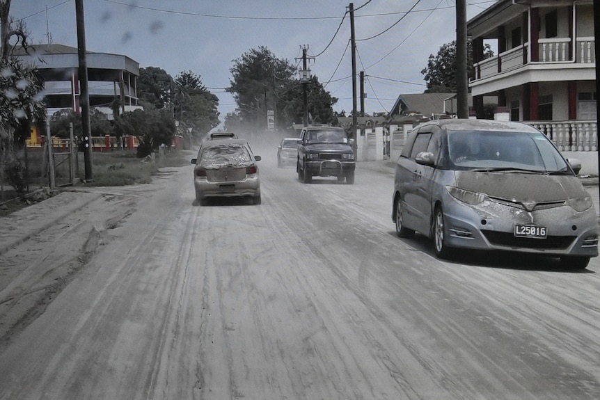 Cars in Tonga covered in ash. 