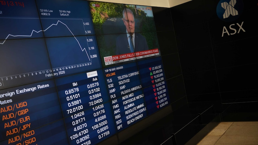 The share market boards show a steep fall for Australian shares on February 28, 2020.
