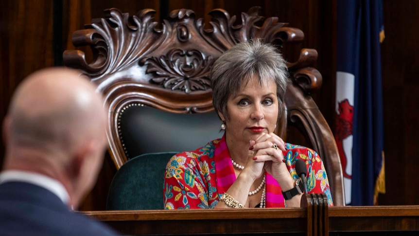 Sue Hickey, who is sitting in the speaker's chair in parliament looks at the Premier, Peter Gutwein, standing in front of her.