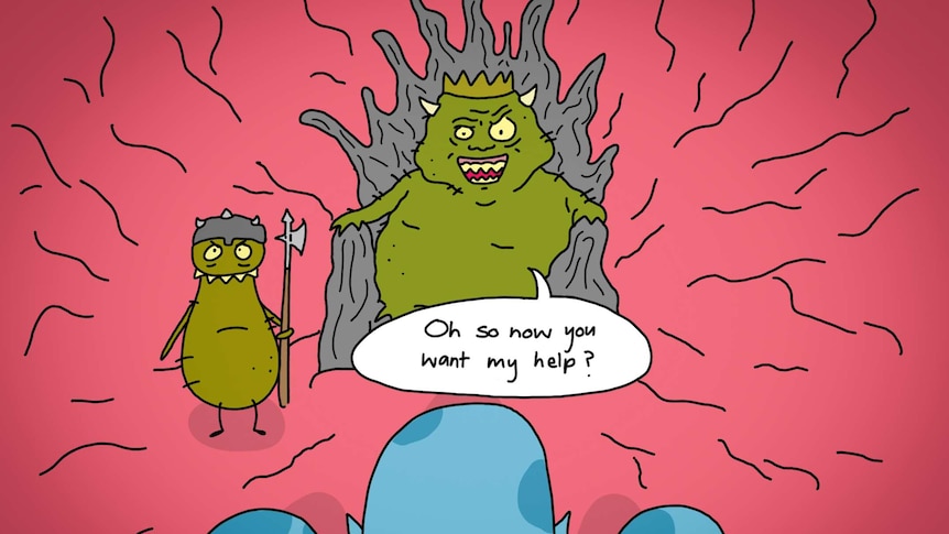 A cartoon of the 'king' bacteria saying to a different species: So now you want my help?
