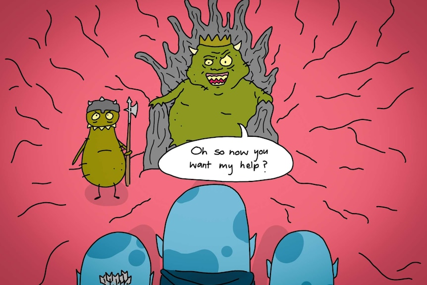 A cartoon of the 'king' bacteria saying to a different species: So now you want my help?