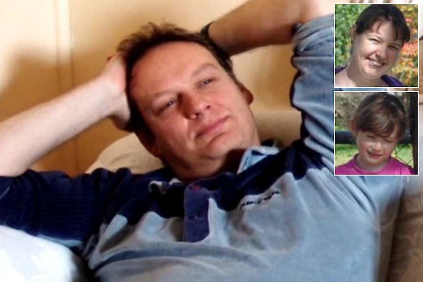 Simon Kadwell reclining with his arms behind his head, and headshots of Chantelle and daughter Leela taken at a park