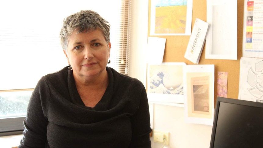 Susan McDonough leans against a desk in a sunlight-filled office looking at the camera.