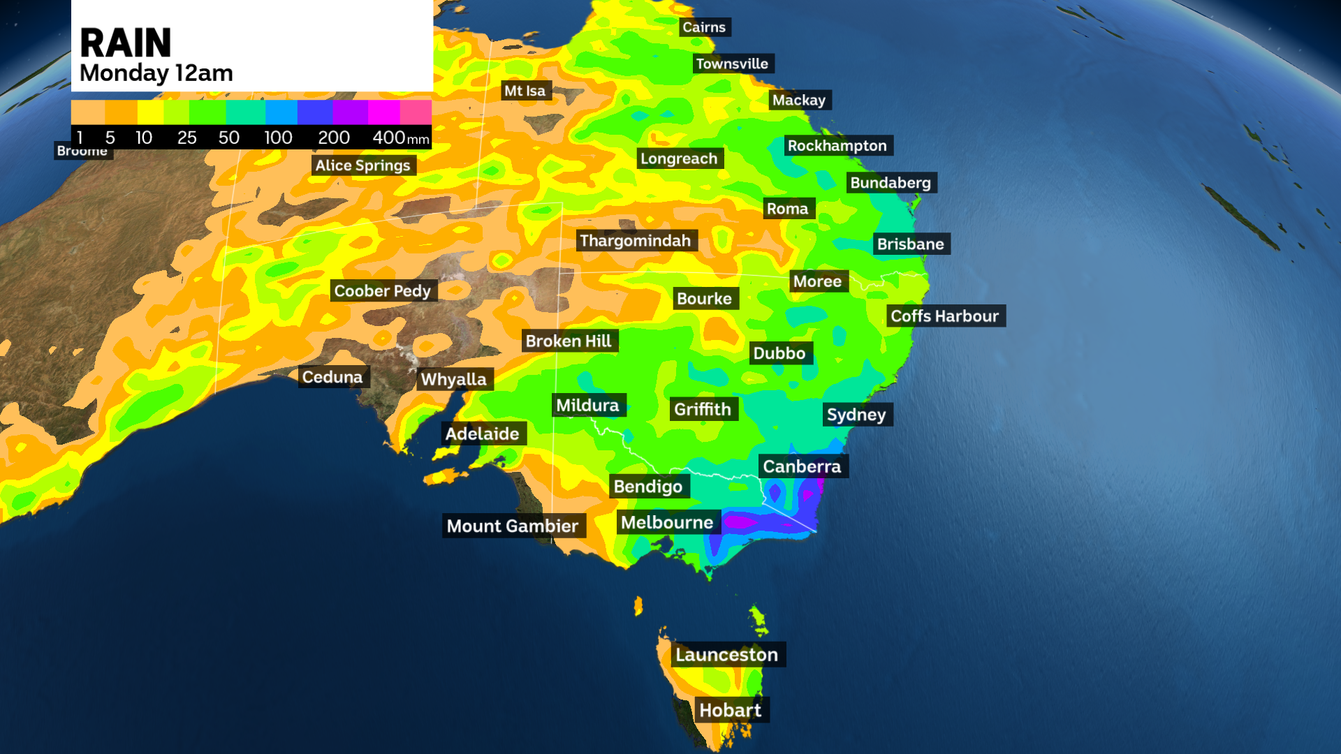 A map of eastern Australia showing where rain will fall through colours.