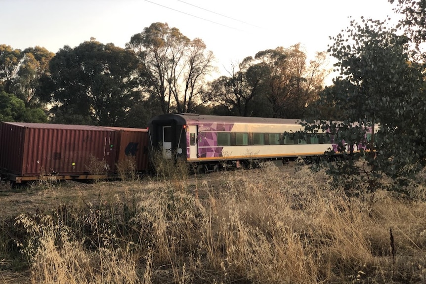 Carriages from a V-Line train and a freight train sit askew off the rails.