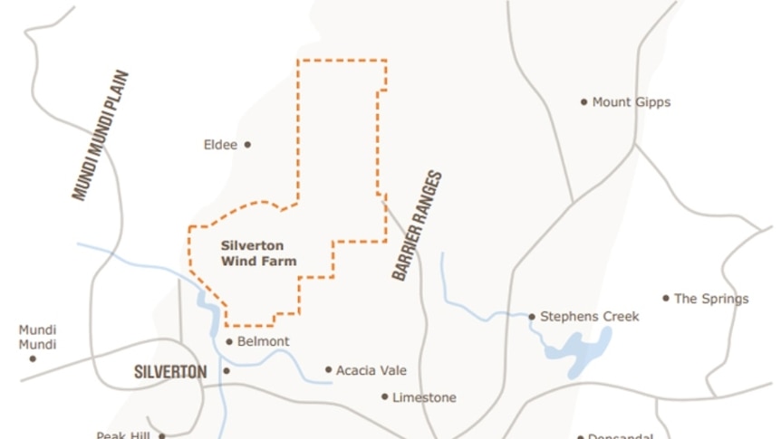 A map showing the proposed location of a wind farm at Silverton.