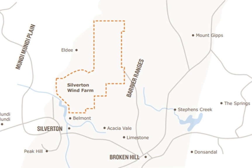 A map showing the proposed location of a wind farm at Silverton.