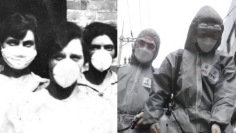 Three women wear masks in an old black and white image, two people wear goggles, suits and masks in a more recent image.