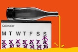 Illustration of a calendar and wine pouring from a bottle to demonstrate the difficulties and benefits of giving up alcohol.