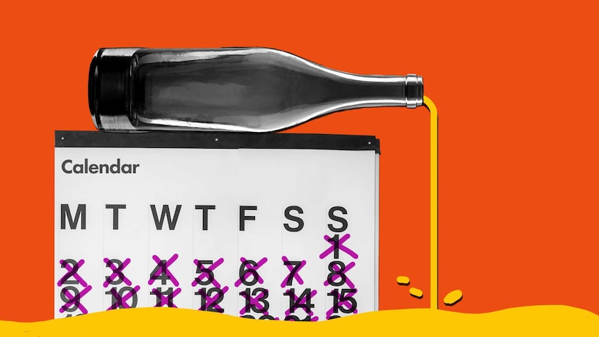 Illustration of a calendar and wine pouring from a bottle to demonstrate the difficulties and benefits of giving up alcohol.