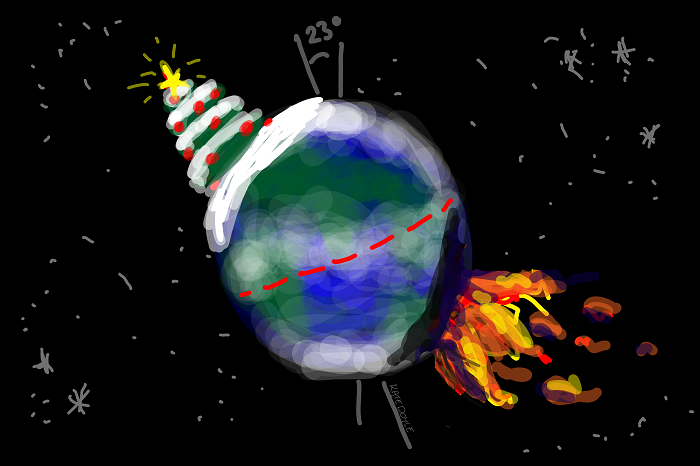 Drawing of earth with snowy Christmas tree in northern hemisphere and fire in the southern hemisphere.
