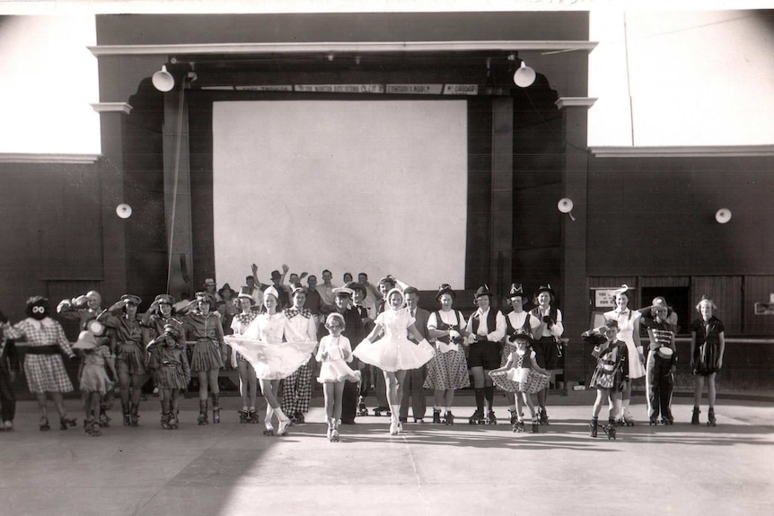 Old photo of Royal Theatre in Winton being used as a skate rink