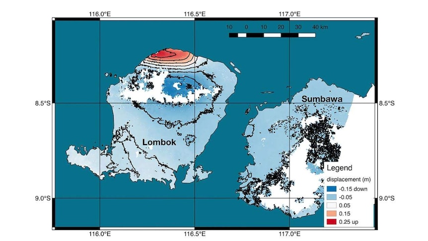 Map shows ground deformation from earthquake beneath Lombok.
