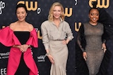 A composite image of the three actors. Michelle wears a black and hot pink gown, Cate in beige and Quinta wears black sparkles.