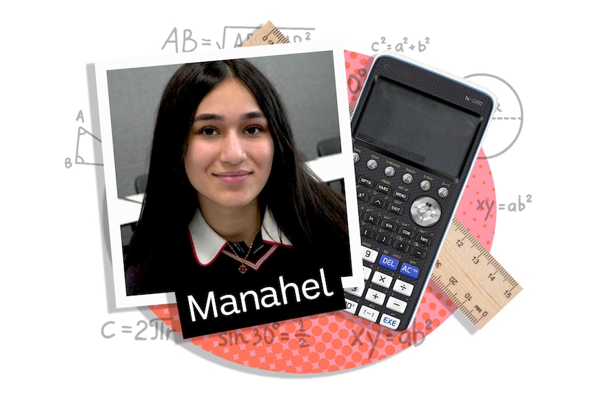 Photo of a smiling girl with dark brown hair and eyes inside a graphic with maths formulas, a calculator and ruler.