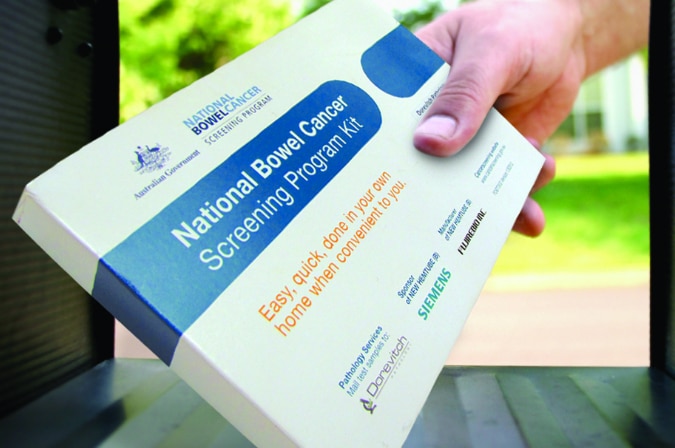 A box labelled bowel cancer screening kit