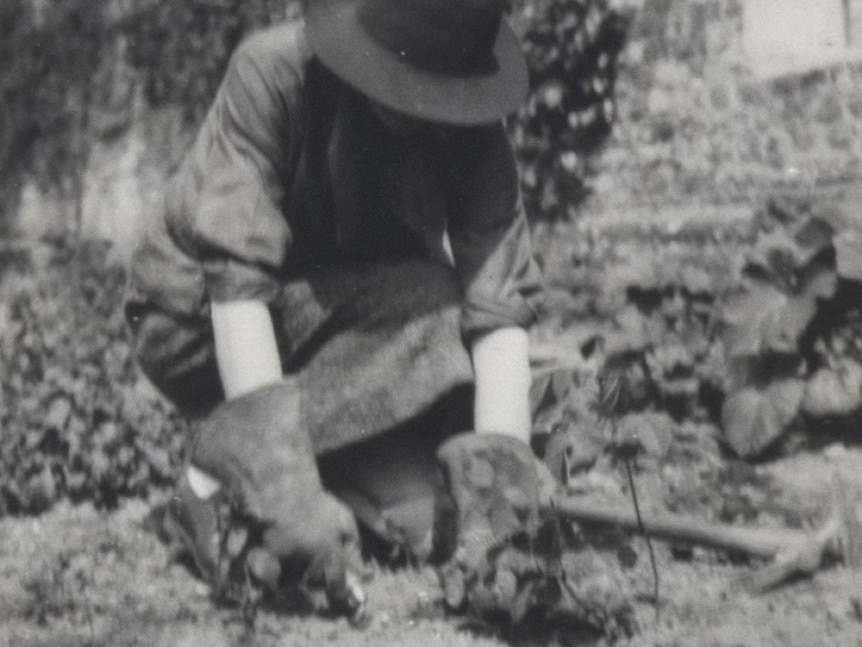 A black and white photo shows a woman in a sun hat bending down to weed a garden