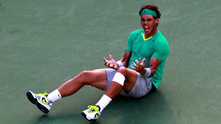 Rafael Nadal celebrates after beating Juan Martin Del Potro in the final at Indian Wells.