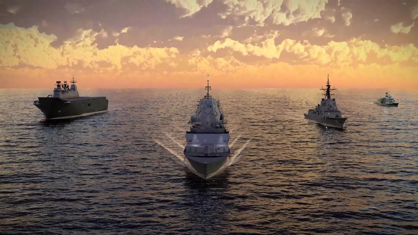 Concept art showing four warships fanning out in open waters.