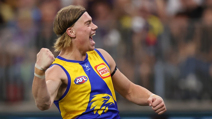 An AFL player pumps his first and screams in excitement to a massive crowd