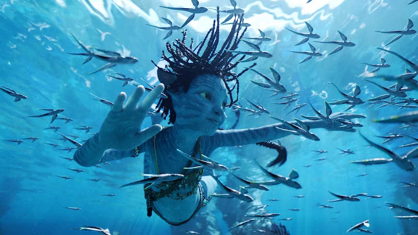 A blue Avatar animated character swims underwater with fish all around them