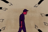 An illustration shows a man walking with his head bowed, surrounded by pointing fingers