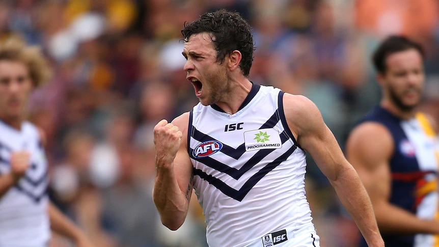 Hayden Ballantyne celebrates a goal for Fremantle