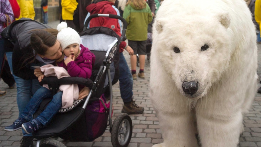 Fake polar bear used to inform about campaign against experimental oil drilling in the Artic.