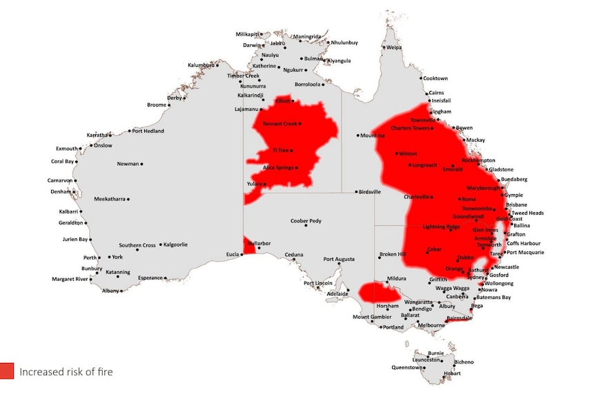 A map showing areas with increased risk of bushfires this spring