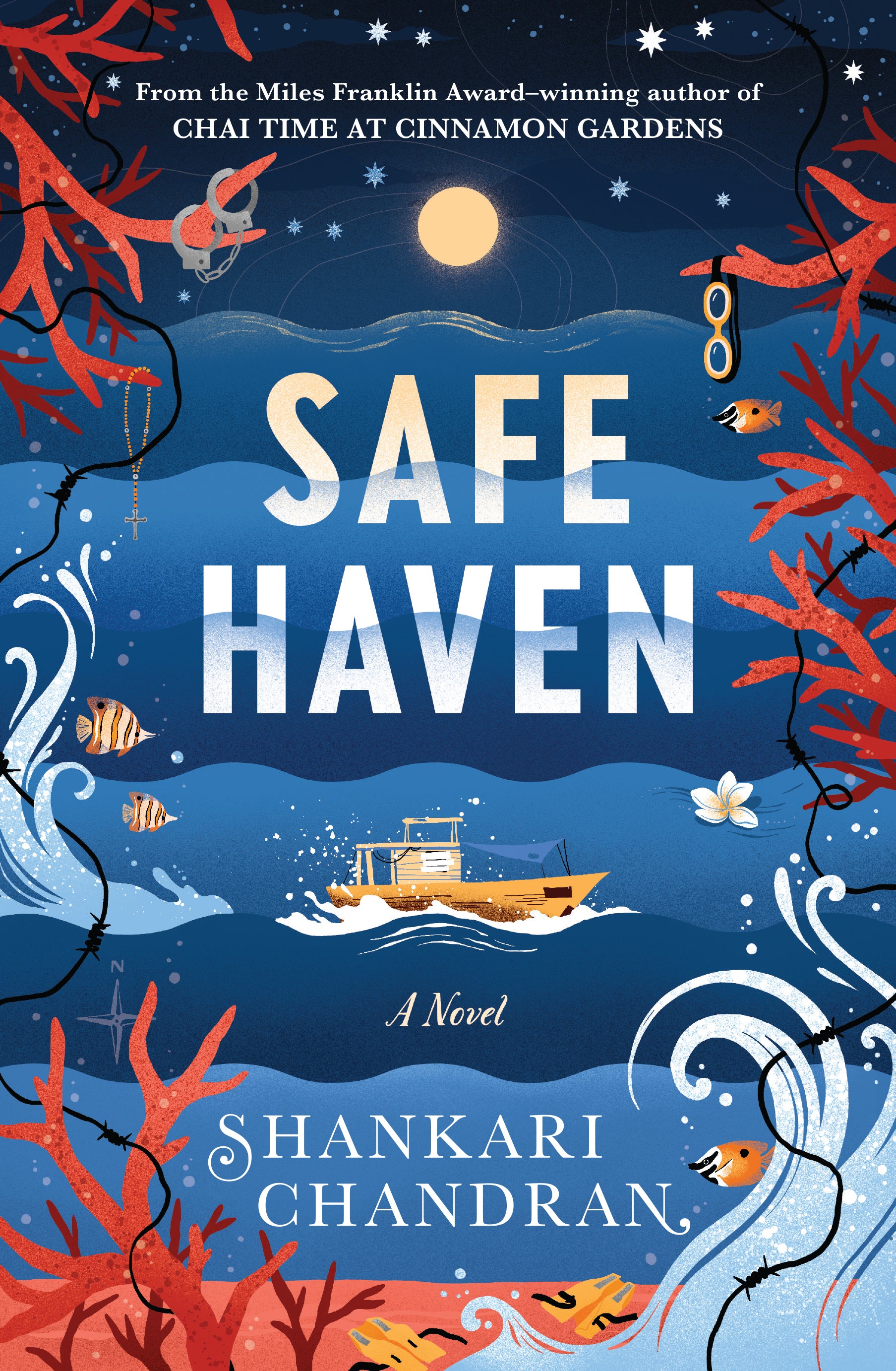 A graphic, almost cartoony cover of a small boat on blue waves, coral and fish surrounding it, plus barbed wire and handcuffs
