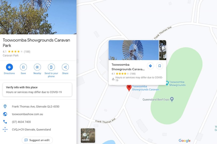 A screen shot of Google Maps at the Toowoomba Showground.