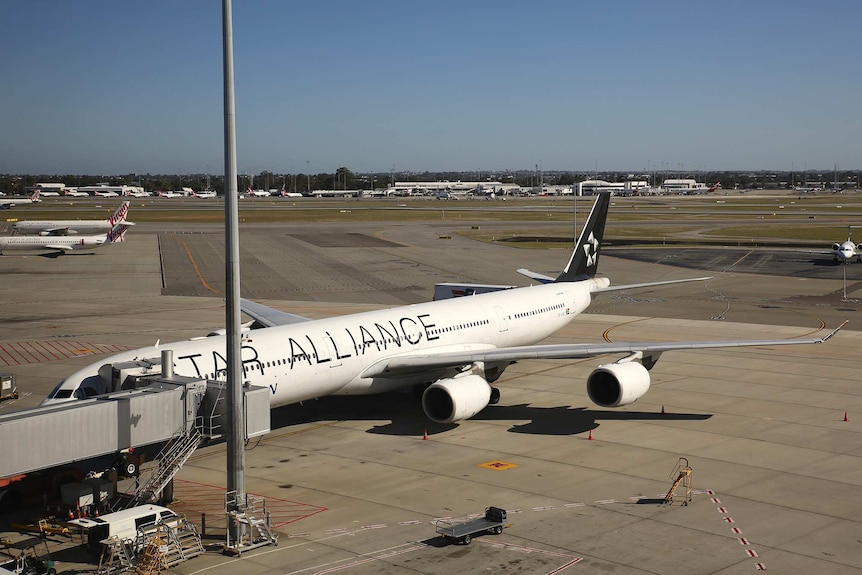 A Star Alliance plane on the tarmac at Perth International Airport under a blue sky.