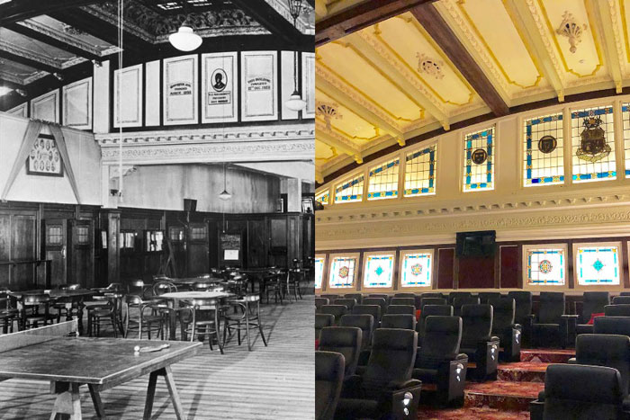 Composite photo inside Tara House in Brisbane in 1929 and then restored as the Elizabeth Picture Theatre.