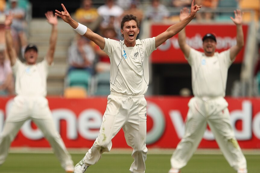 All out ... Trent Boult successfully appeals for lbw to dismiss Mitchell Starc for 4.