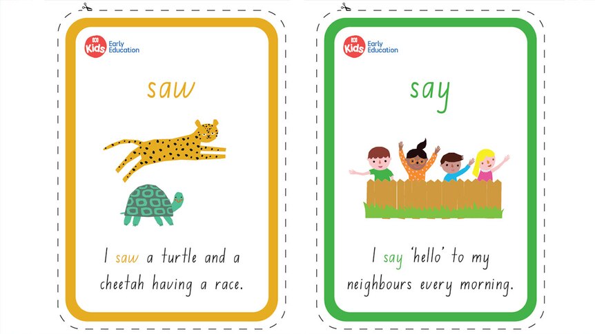 Two cards. "I saw a turtle and a cheetah having a race." and "I say 'hello' to my neighbours every morning."