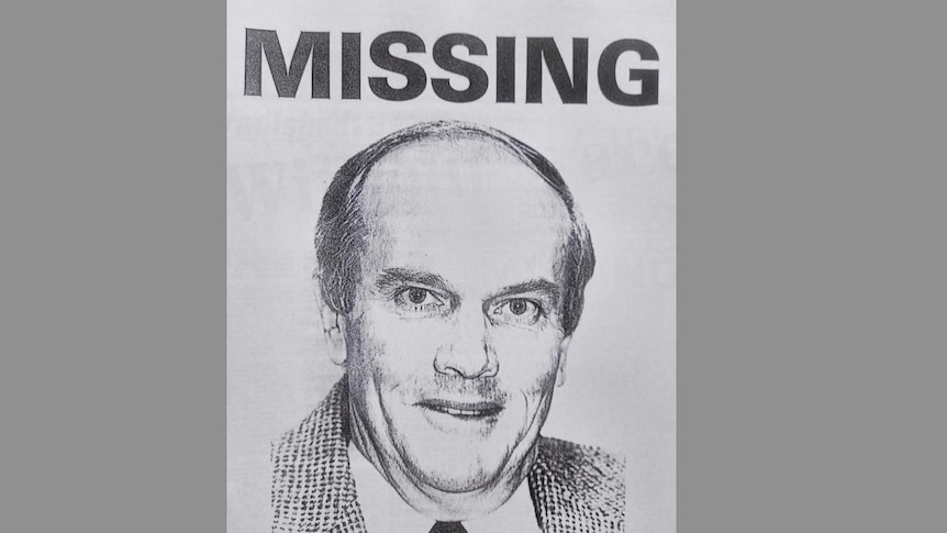 A poster with the word 'missing' written above a middle-aged man's head.