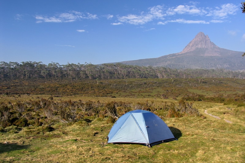 A tent at Waterfall Valley, the Overland Track, Cradle Mountain National Park