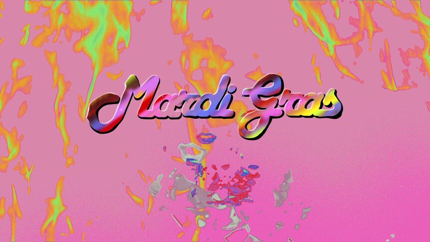 Slightly psychedelic background with a flame pattern with the words Mardi Gras in gradient text with lip patterns underneath