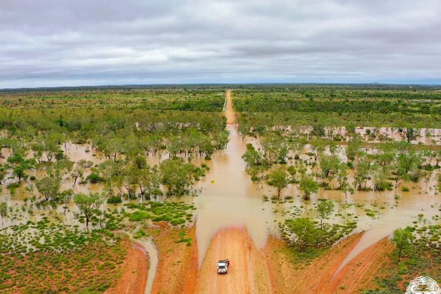 An aerial of a flooding creek crossing in the Kimberley.