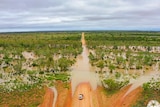 An aerial of a flooding creek crossing in the Kimberley