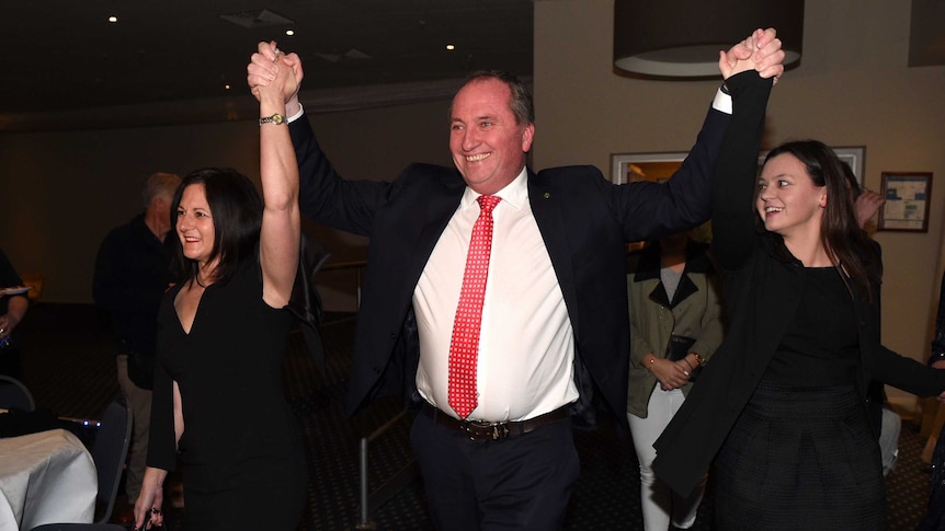 Barnaby Joyce claims victory in the NSW seat of New England in the 2016 Federal election.