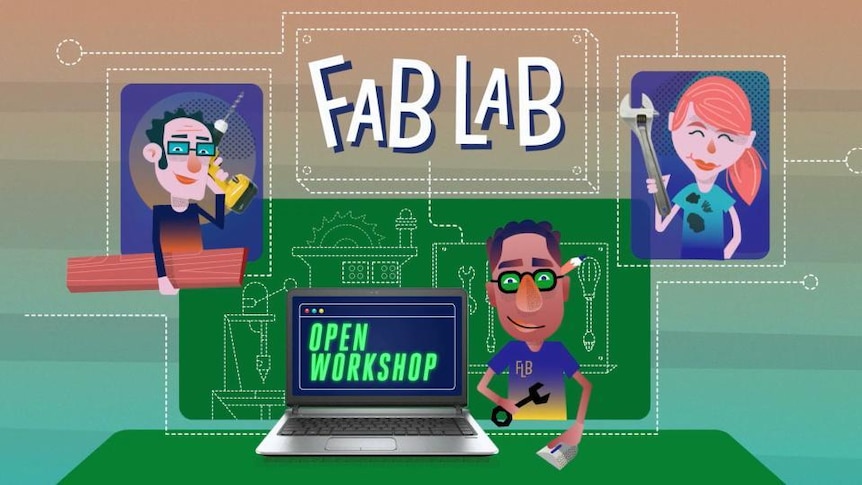 Graphic image of three people , text reads "Fab Lab"