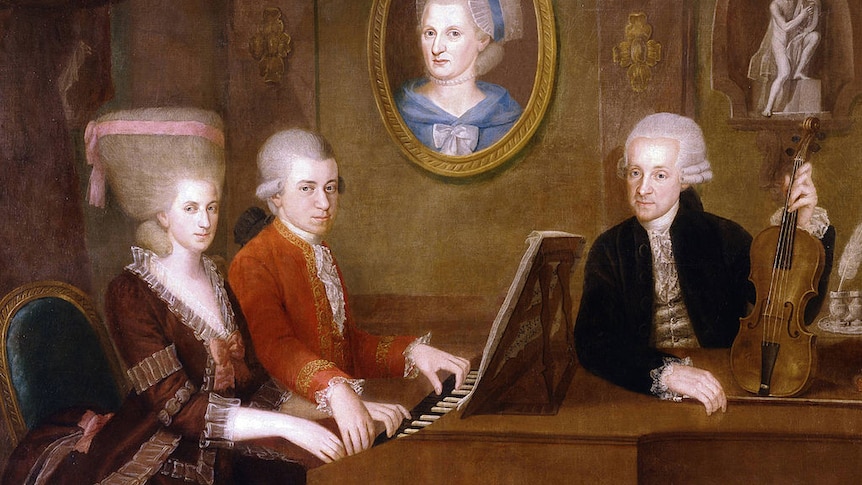 A painting of three Mozarts, Nannerl and Wolfgang playing the same piano and Leopold leaning against it.