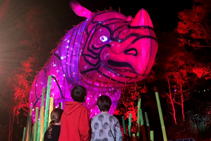 Children look at a large rhinoceros light installation
