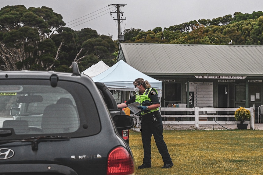 A police officer wearing a face mask and gloves passes something to a driver of a parked car